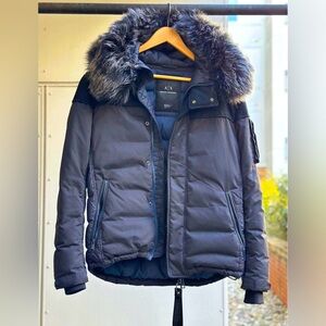 Armani Exchange Men's Puffer Jacket with Faux Fur Hood
